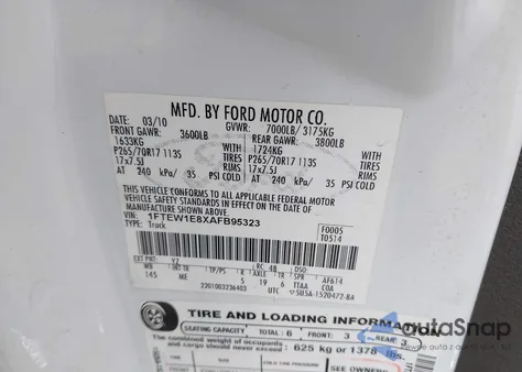 2010 Ford F-150 Xl/Xlt из США, поврежденный, VIN 1FTEW1E8XAFB95323